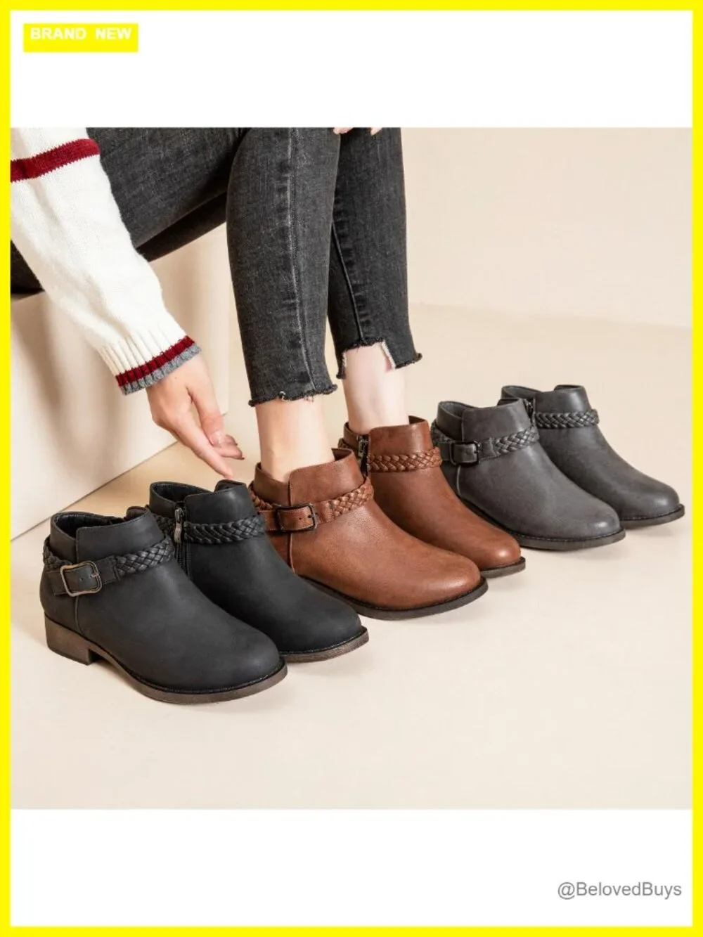 Women's Low Heel Ankle Boots Faux Leather Zipper Booties